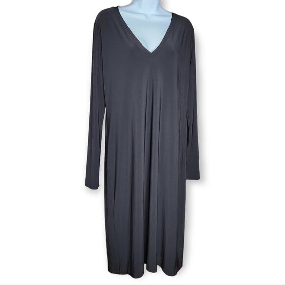 Norma Kamali Deep V Neck Shift Dress Black Long Sleeve Midi Length Size XL Women - Picture 3 of 9